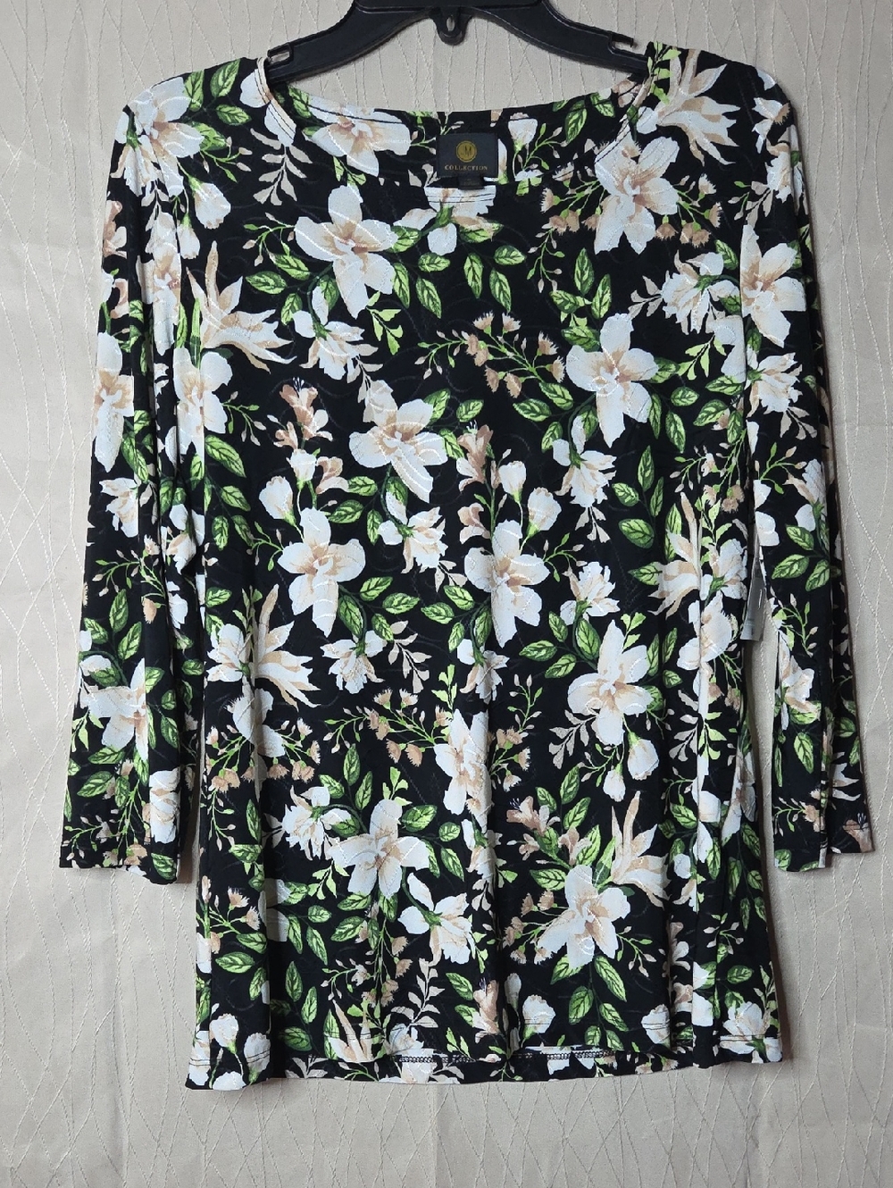 JM Collection Black‎ Floral Top with Cream Flowers and Green Leaves